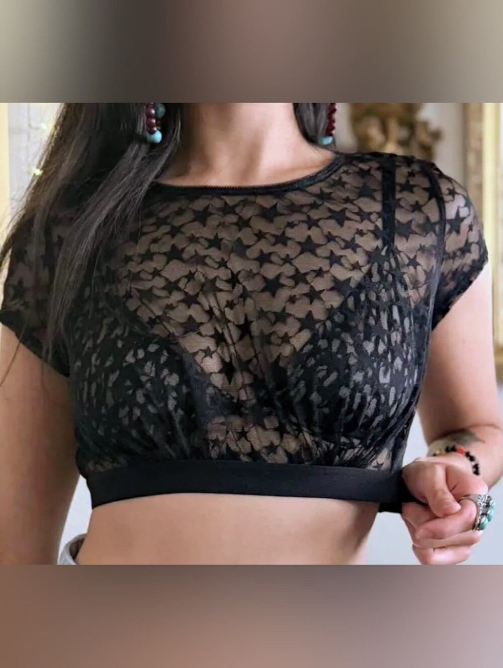 Sheer Star Lace Crop Bralette - Black